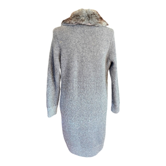 Chico's Faux Fur Collar Gray Silver Metallic Knit Cardigan S - Picture 5 of 11